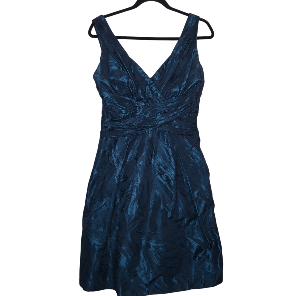 THEIA Blue Satin Cocktail Dress Ruched V-Neck Sleeveless A-Line